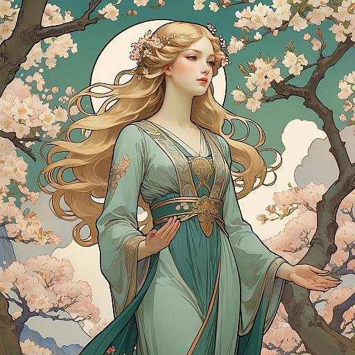 Art Nouveau Woman in Cherry Blossom Garden