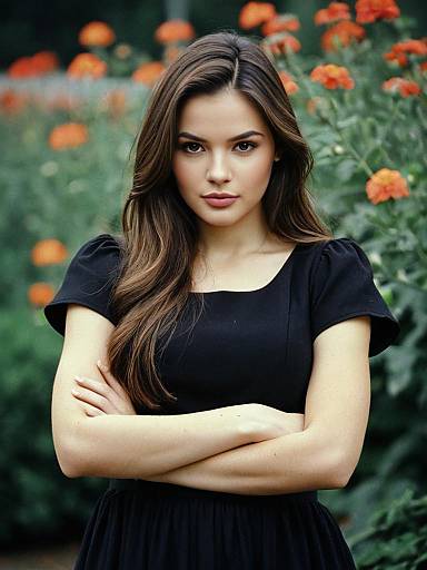 Confident Young Woman in Black Dress with Flowers