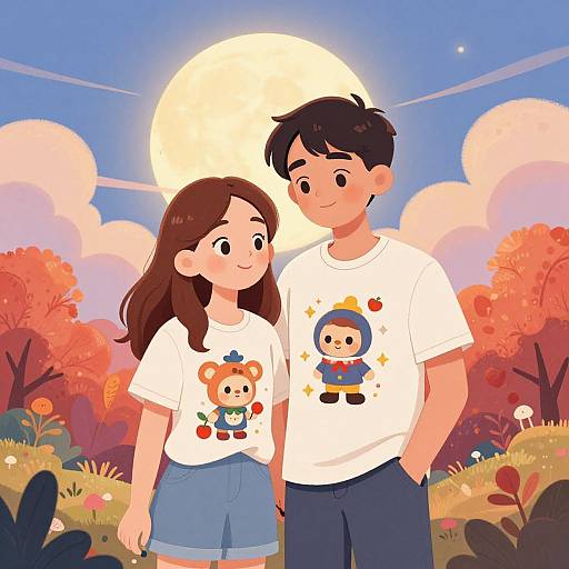 Digital illustration of a smiling boy and girl in white T-shirts with cartoon designs, standing in a colorful autumn forest with a large, glowing moon.