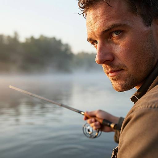 Photograph of a focused, bearded man with blue eyes fishing by a misty river at sunset, holding a fishing rod in his right hand.