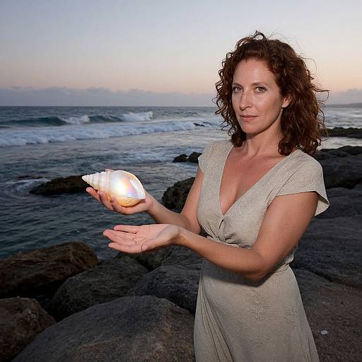 Photograph of a curly-haired woman in a beige dress holding a glowing seashell by a rocky ocean shoreline at sunset.