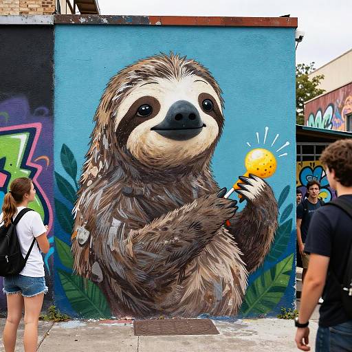 Street Art Sloth Mural with Onlookers