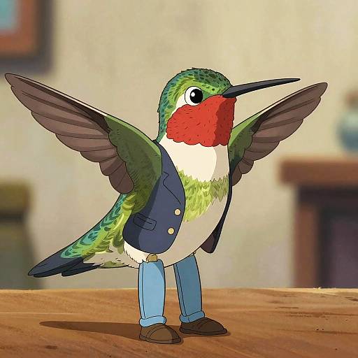 Digital drawing of a colorful hummingbird with green feathers, red throat, white chest, blue vest, and jeans, standing on a wooden surface with wings