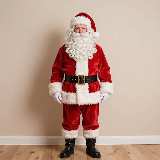 Photograph of a man in a full Santa Claus costume, including red velvet suit, white fur trim, black belt, and boots, standing against a