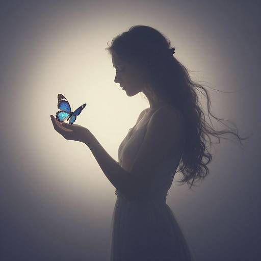 Silhouetted woman with long hair holding a blue butterfly against a bright, glowing background. Ethereal, serene, and delicate. Photograph.