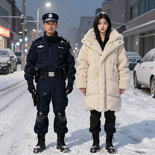 Photograph of a male police officer in black uniform and a woman in a white fur coat standing on a snowy urban street at night.