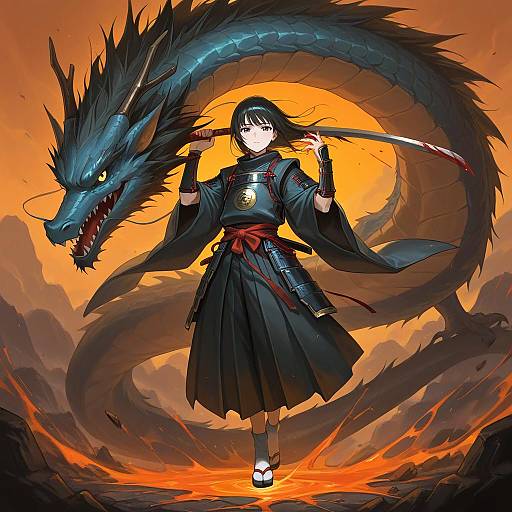Samurai Girl with Dragon and Bloodied Katana