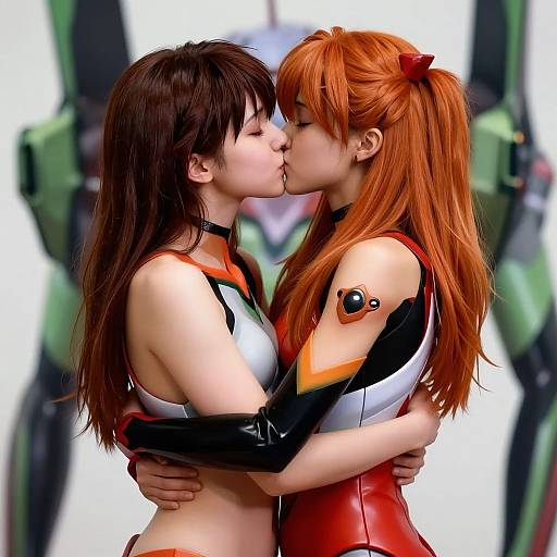 Digital art of two anime-style women, one with brown hair and black-white-red outfit, the other with orange hair and red-black outfit, kissing passionately