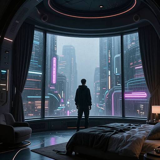 Silhouetted man stands in futuristic, neon-lit cityscape view from large circular window; modern bedroom with bed, chair, and lamp in