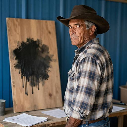 Serious Cowboy Against Rustic Backdrop