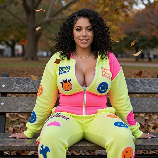 Photograph of a curvy, dark-haired woman with curly hair, wearing a neon yellow and pink zip-up onesie with cartoon prints, sitting on