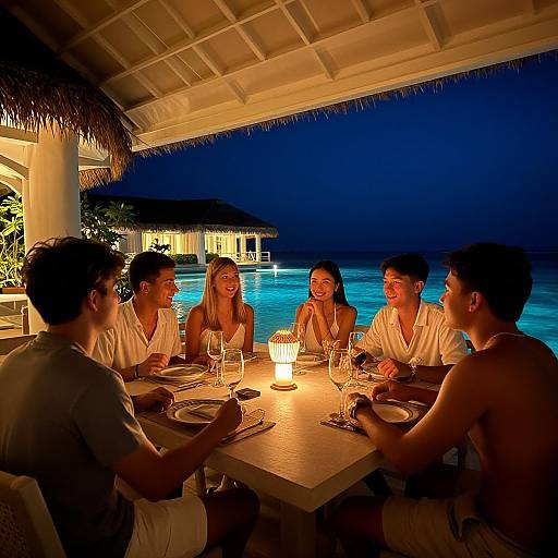 Six smiling friends, dressed in white, dining under a thatched roof by a glowing pool at night, illuminated by a candle.