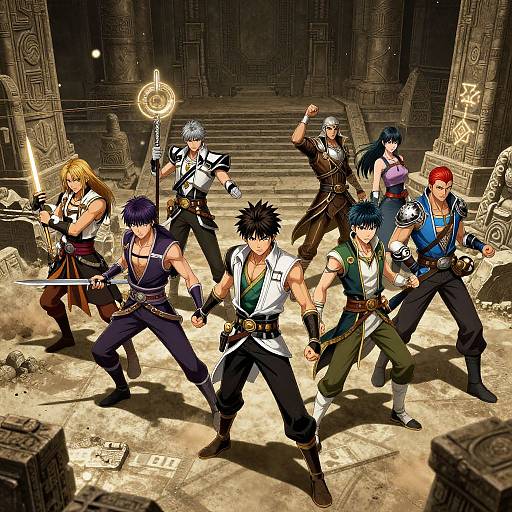 Digital anime-style illustration of six muscular, armed warriors in dynamic poses, standing in a ancient, dimly-lit stone temple.