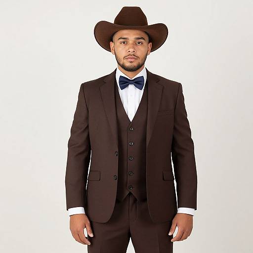 Photograph of a bearded man with medium brown skin wearing a black three-piece suit, blue bow tie, white shirt, and brown cowboy hat,