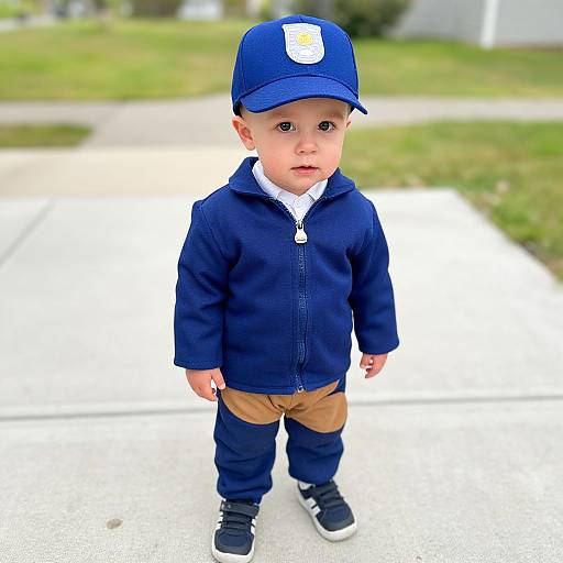 Photograph of a young boy with fair skin, wearing a blue cap, navy jacket, brown pants, and black sneakers, standing on a concrete sidewalk