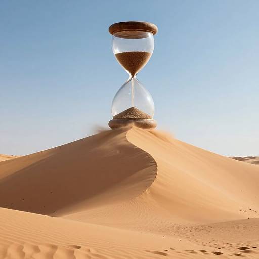 Photograph of a transparent hourglass with brown sand, standing on a sunlit, rippled desert sand dune against a clear blue sky.