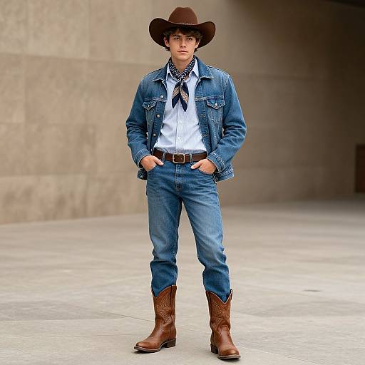 Photograph of a young man in a brown cowboy hat, denim jacket, white shirt, blue jeans, and brown cowboy boots, standing confidently in front