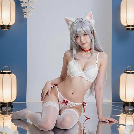 Anime Woman with Cat Ears Kneeling