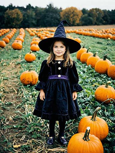 Little Witch Girl in Pumpkin Field