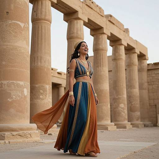 Photograph of a smiling Indian woman in a traditional blue and orange saree with gold trim, standing in front of ancient Egyptian-style stone columns.