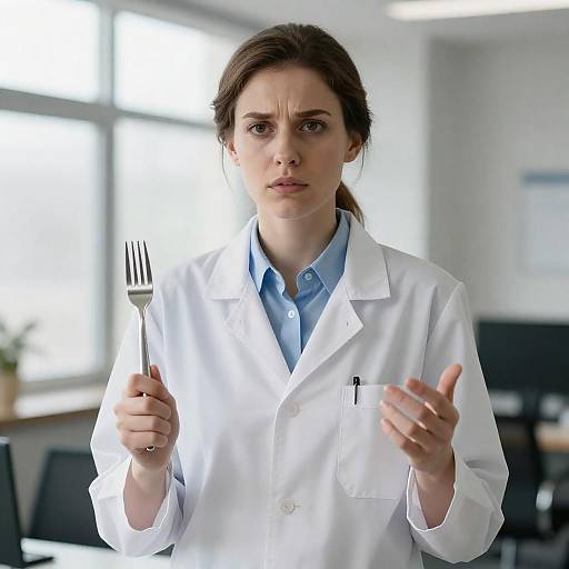 Serious Lab-Coat Woman Gesturing with Fork