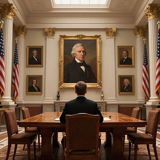 Photograph of a formal courtroom: man in dark suit sits at wooden table, facing large portrait of white-haired man, surrounded by American flags, classical