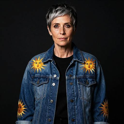 Pixie-Cut Woman in Sun-Embroidered Denim