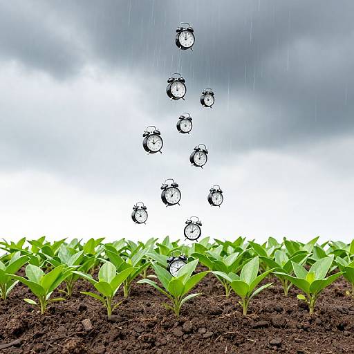 Photograph of green seedlings in rich, dark soil under a cloudy sky, with droplets of rainwater falling and bouncing.