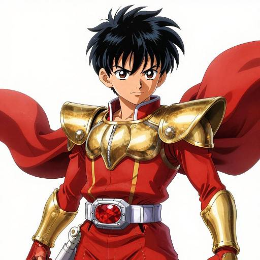 Digital anime-style drawing of a black-haired, serious-looking boy in golden armor and red cape, with a red gem on his belt.