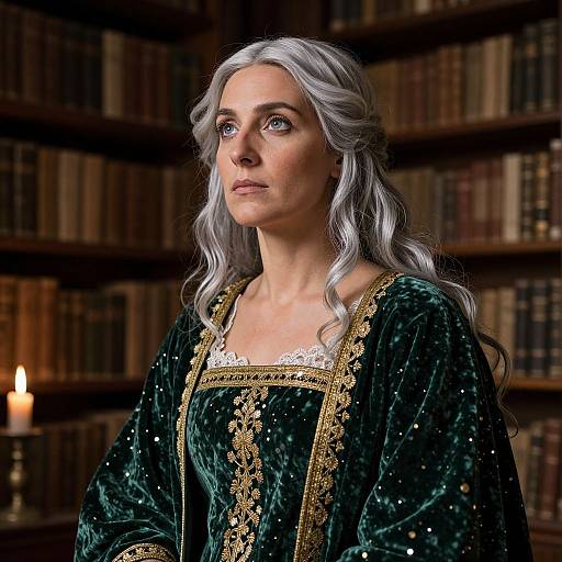 Photorealistic image of a fair-skinned woman with long silver hair, wearing a green velvet gown with gold embroidery, standing in a dimly lit