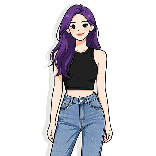 Digital anime-style drawing of a young woman with long purple hair, wearing a black crop top and blue high-waisted jeans, standing against a white