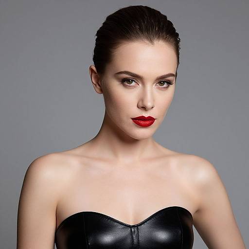 Photograph of a fair-skinned woman with dark hair in a slick bun, wearing a strapless black leather corset, and bold red lipstick,