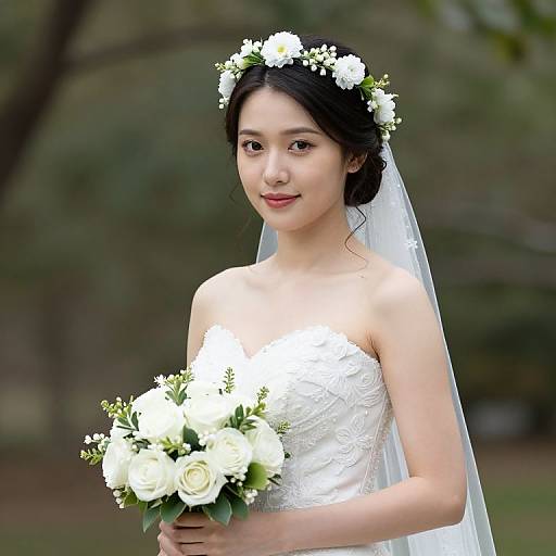 Photograph of an Asian bride with fair skin, black hair in an updo, wearing a white floral crown and strapless white lace wedding dress,