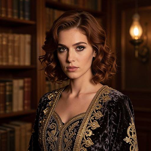 Photograph of a beautiful woman with wavy brown hair, wearing an ornate black velvet dress with gold embroidery, standing in a dimly lit library