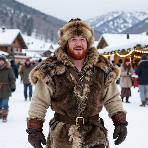 Photograph of a bearded man with a red beard, wearing a fur-lined Viking-style coat, standing in a snowy winter village with wooden huts