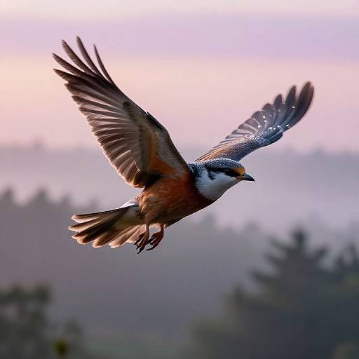 Photograph of a vibrant Eurasian Jay with orange and blue plumage, wings spread wide in mid-flight against a soft, pastel sky and blurred