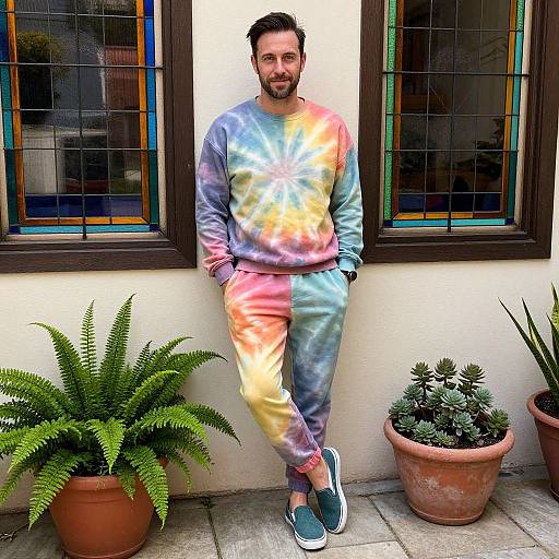 Photograph of a bearded man in colorful tie-dye sweatpants and sneakers, leaning against a building with potted plants and stained glass windows.