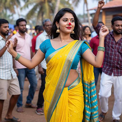 Photograph of an Indian woman with dark hair, red bindi, yellow saree with blue and gold borders, dancing outdoors with a group of men