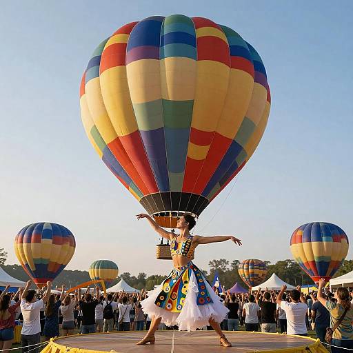 Photograph of a dancer in colorful, patterned dress, controlling a large, multicolored hot air balloon at a festival with clear sky, crowds