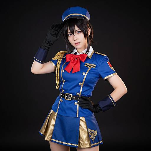 Photograph of a young woman in a blue and gold military-style cosplay uniform with a red bowtie, black gloves, and cap, saluting against