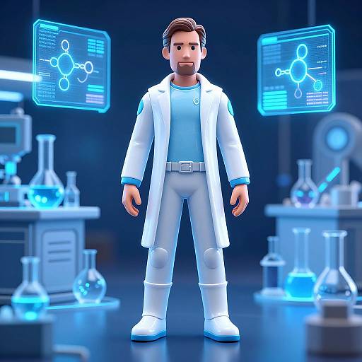 3D CGI image of a bearded man in a white lab coat, blue and white attire, standing in a futuristic lab with glowing blue molecular diagrams