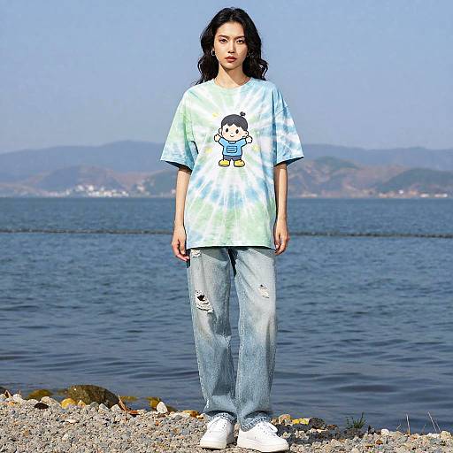 Photograph of an Asian woman with wavy black hair, wearing a tie-dye shirt with a cartoon graphic, ripped jeans, and white sneakers,