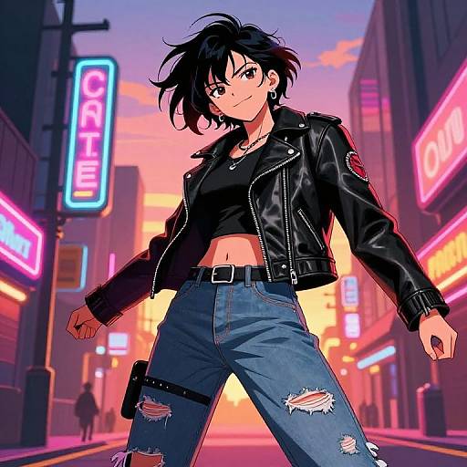 Anime-style digital artwork of a confident, black-haired woman in a black leather jacket and ripped jeans, standing in a neon-lit city street at sunset