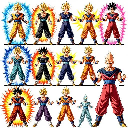 Digital illustration of Dragon Ball Z characters in various colors and auras: Saiyan warriors in orange, blue, black, and red, with energy bursts