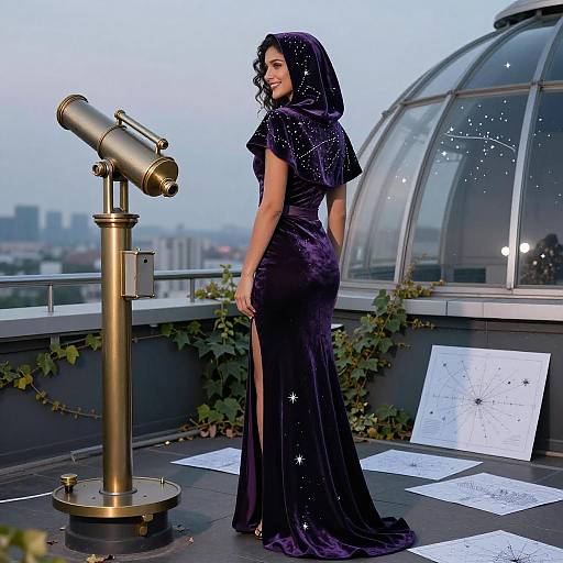 Elegant Brunette in Velvet Gown at Dusk
