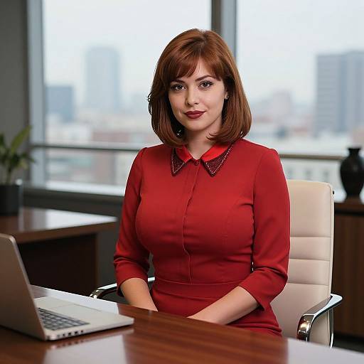 Photograph of a confident woman with short brown hair, red dress, and black collar, sitting in a modern office with a laptop and windows in the
