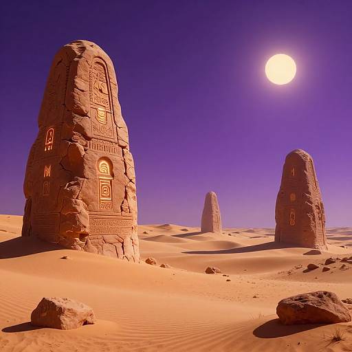 Photograph of three ancient, intricately carved stone monoliths in a glowing orange desert under a bright, full moon in a deep purple sky.