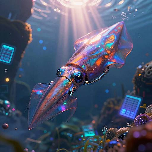 Cybernetic Squid in Neon Submerged City