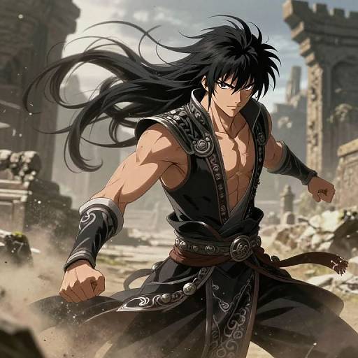 Muscular anime warrior with black hair and intense blue eyes, wearing a sleeveless black vest and ornate armguards, charges through a ruined, sun