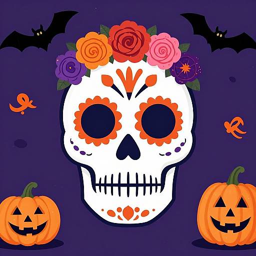 Digital artwork of a white sugar skull with orange flower crown, surrounded by bats, pumpkins, and butterflies on a dark purple background.